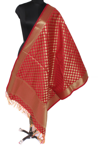 Red Banarasi Dupatta Indian Art Silk Woven Zari Brocade Long Stole Scarves