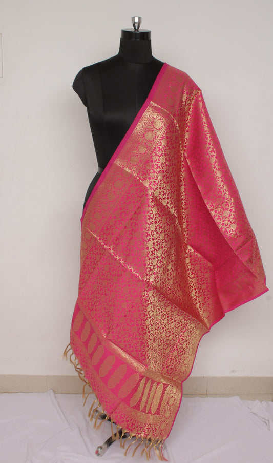 Pink Banarasi Dupatta Indian Art Silk Woven Zari Brocade Long Stole Scarves