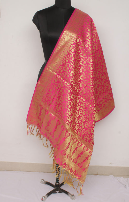 Hot Pink Banarasi Dupatta Indian Art Silk Woven Zari Brocade Long Stole Scarves