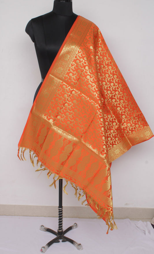 Orange Banarasi Dupatta Indian Art Silk Woven Zari Brocade Long Stole Scarves