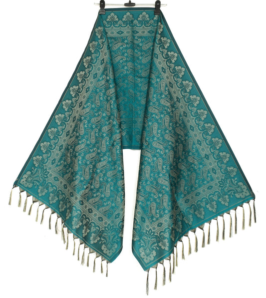 Teal Green Art Silk Woven Paisley Soft Long Stole Scarf Wrap