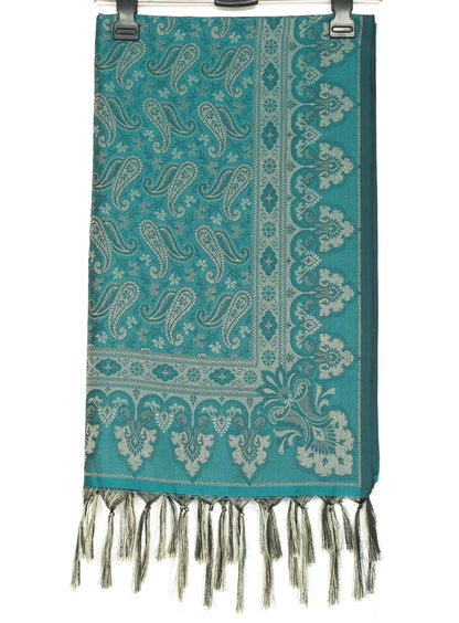 Teal Green Art Silk Woven Paisley Soft Long Stole Scarf Wrap