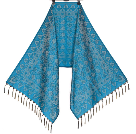 Art Silk Turquoise Blue Woven Floral Soft Long Stole Scarf Wrap