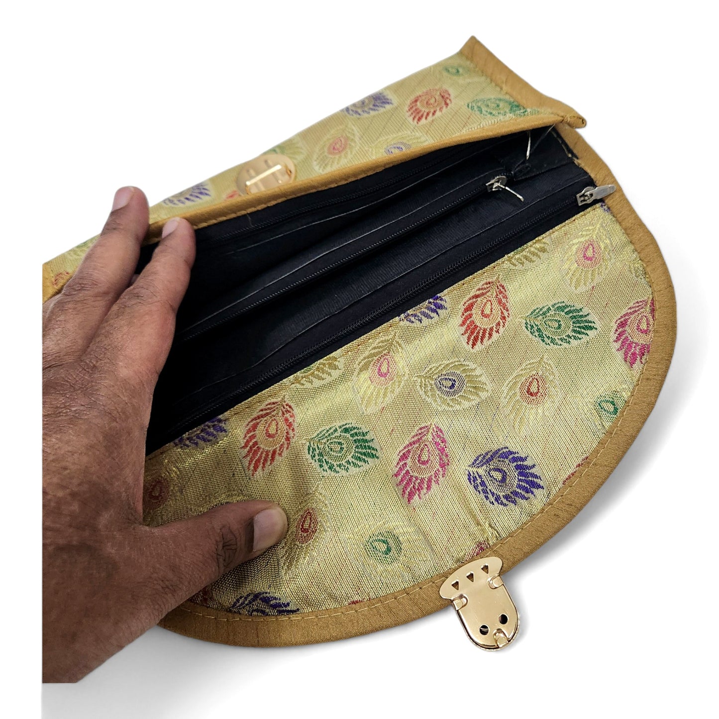 Beige Clutch Women's Purse Woven Zari Brocade Banarasi Fabric 5 Pocket Hand Bags