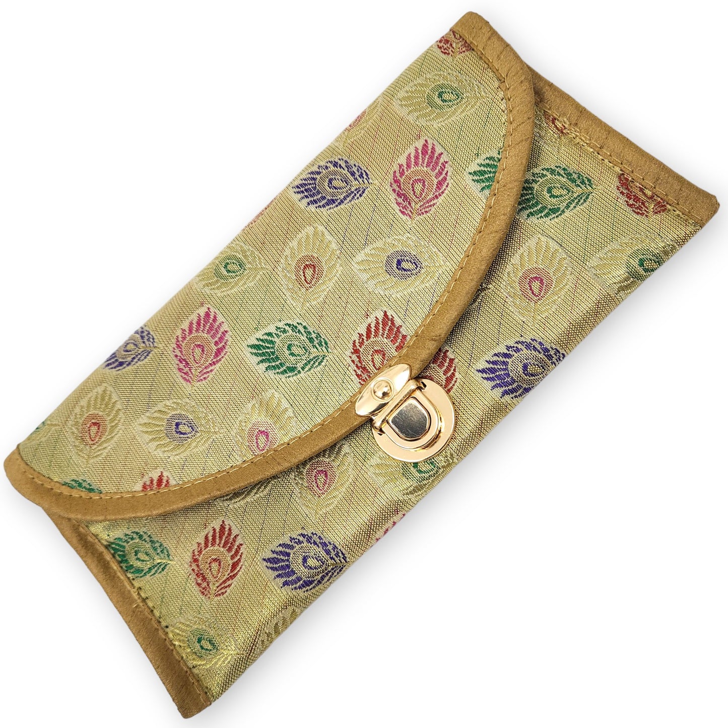 Beige Clutch Women's Purse Woven Zari Brocade Banarasi Fabric 5 Pocket Hand Bags