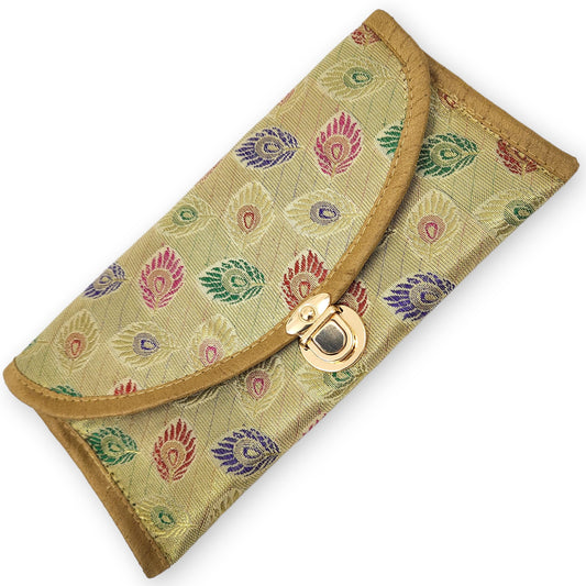 Beige Clutch Women's Purse Woven Zari Brocade Banarasi Fabric 5 Pocket Hand Bags