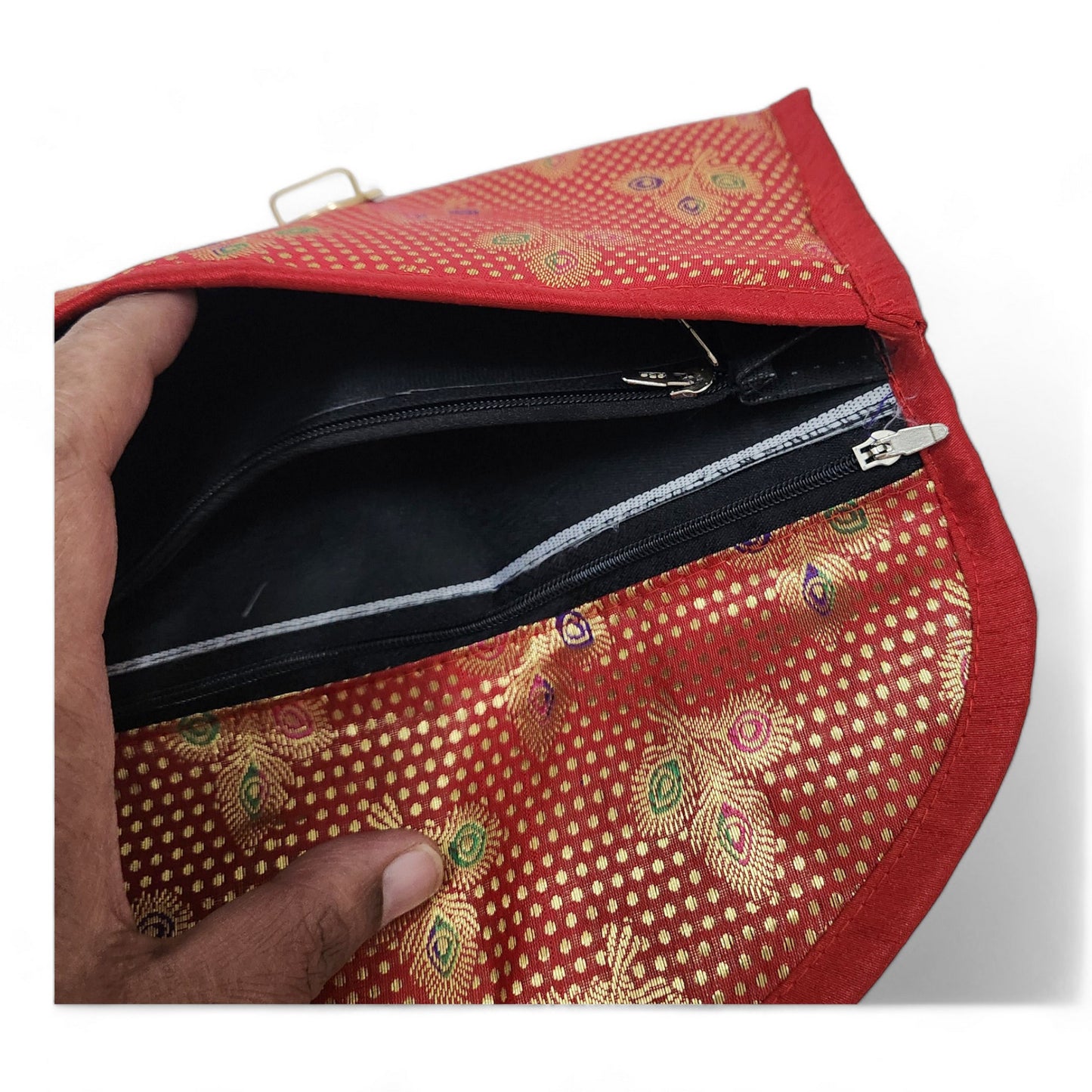 Red Clutch Women's Purse Woven Zari Brocade Banarasi Fabric 5 Pocket Hand Bag