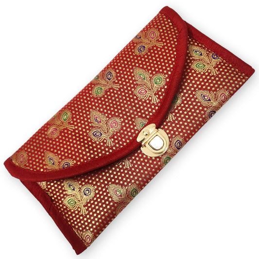 Red Clutch Women's Purse Woven Zari Brocade Banarasi Fabric 5 Pocket Hand Bag