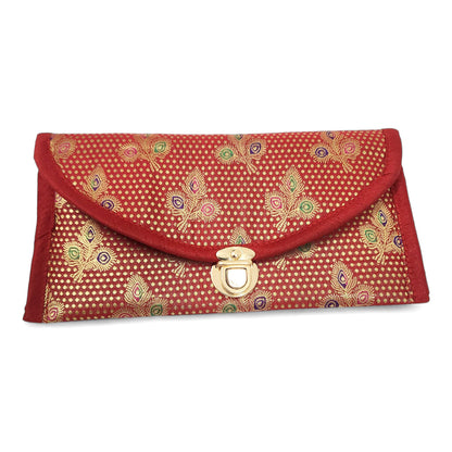 Red Clutch Women's Purse Woven Zari Brocade Banarasi Fabric 5 Pocket Hand Bag