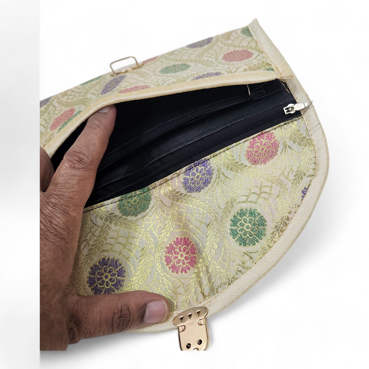 Cream Clutch Women's Purse Woven Zari Brocade Banarasi Fabric 5 Pocket Hand Bag