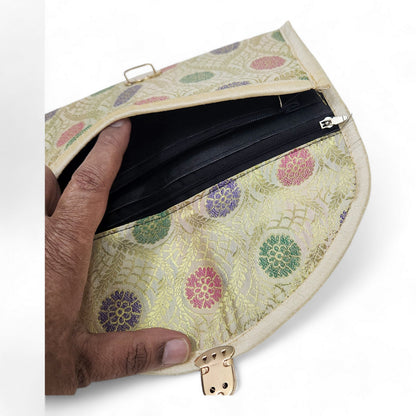 Cream Clutch Women's Purse Woven Zari Brocade Banarasi Fabric 5 Pocket Hand Bag