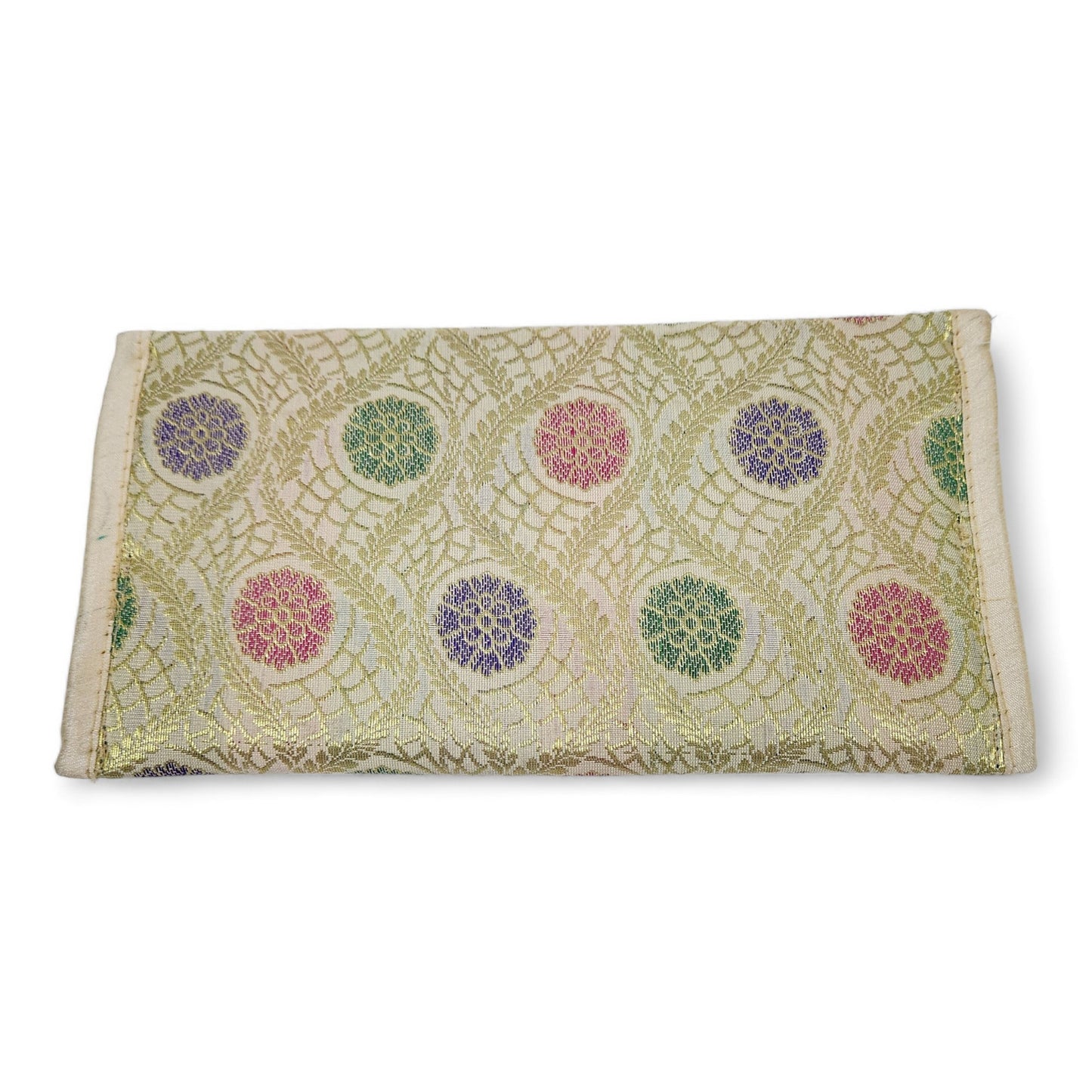 Cream Clutch Women's Purse Woven Zari Brocade Banarasi Fabric 5 Pocket Hand Bag