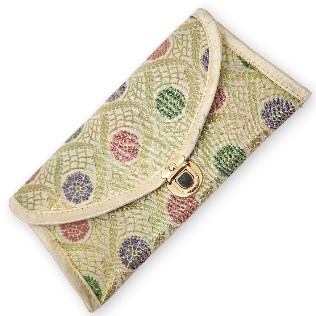 Cream Clutch Women's Purse Woven Zari Brocade Banarasi Fabric 5 Pocket Hand Bag