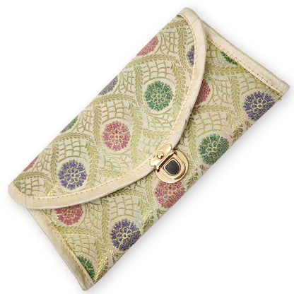 Cream Clutch Women's Purse Woven Zari Brocade Banarasi Fabric 5 Pocket Hand Bag