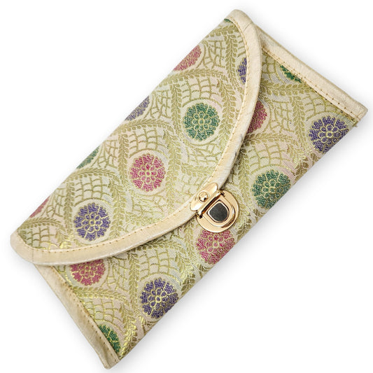 Cream Clutch Women's Purse Woven Zari Brocade Banarasi Fabric 5 Pocket Hand Bag