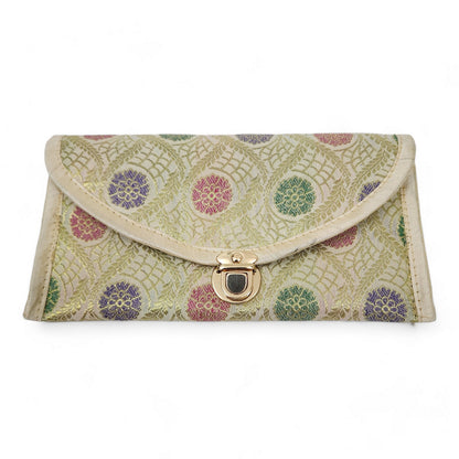 Cream Clutch Women's Purse Woven Zari Brocade Banarasi Fabric 5 Pocket Hand Bag