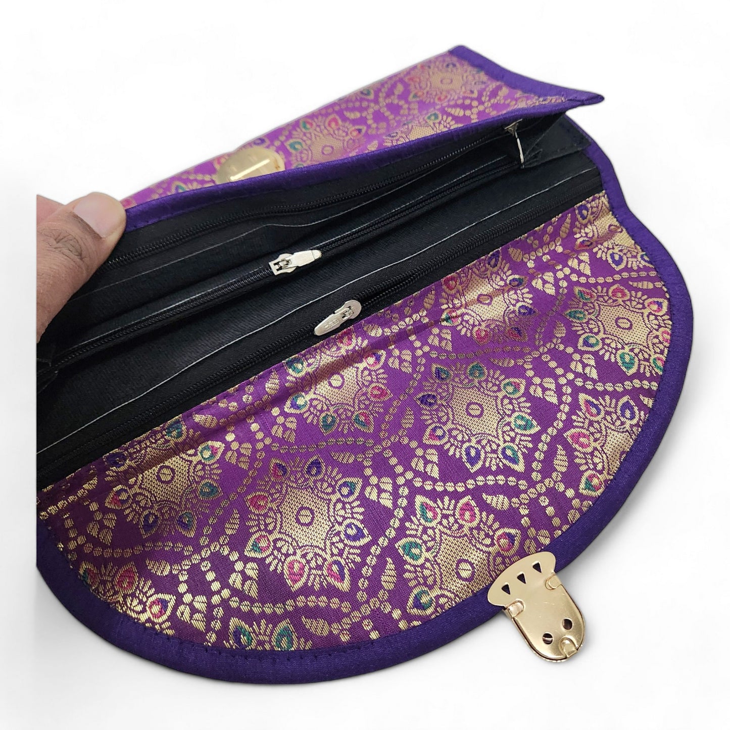 Purple Clutch Women's Purse Woven Zari Brocade Banarasi Fabric 5 Pocket Hand Bag