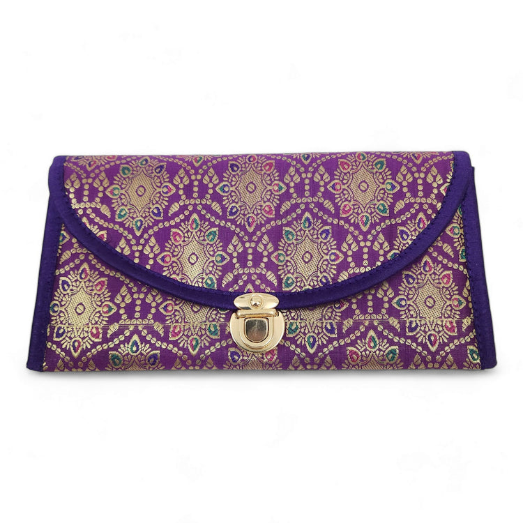 Purple Clutch Women's Purse Woven Zari Brocade Banarasi Fabric 5 Pocket Hand Bag