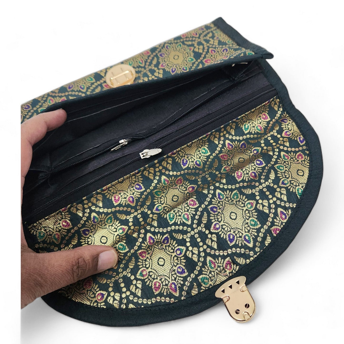 Green Clutch Women's Purse Woven Zari Brocade Banarasi Fabric 5 Pocket Hand Bag