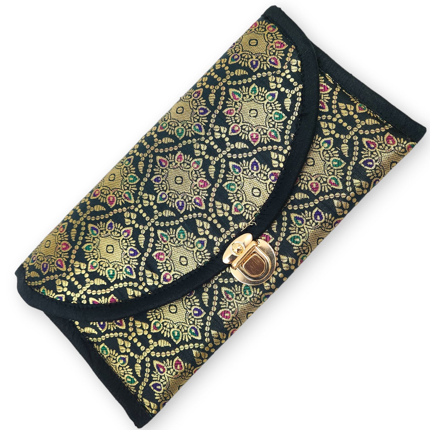 Green Clutch Women's Purse Woven Zari Brocade Banarasi Fabric 5 Pocket Hand Bag