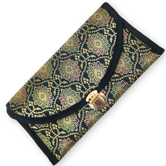 Green Clutch Women's Purse Woven Zari Brocade Banarasi Fabric 5 Pocket Hand Bag