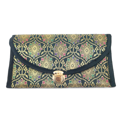 Green Clutch Women's Purse Woven Zari Brocade Banarasi Fabric 5 Pocket Hand Bag