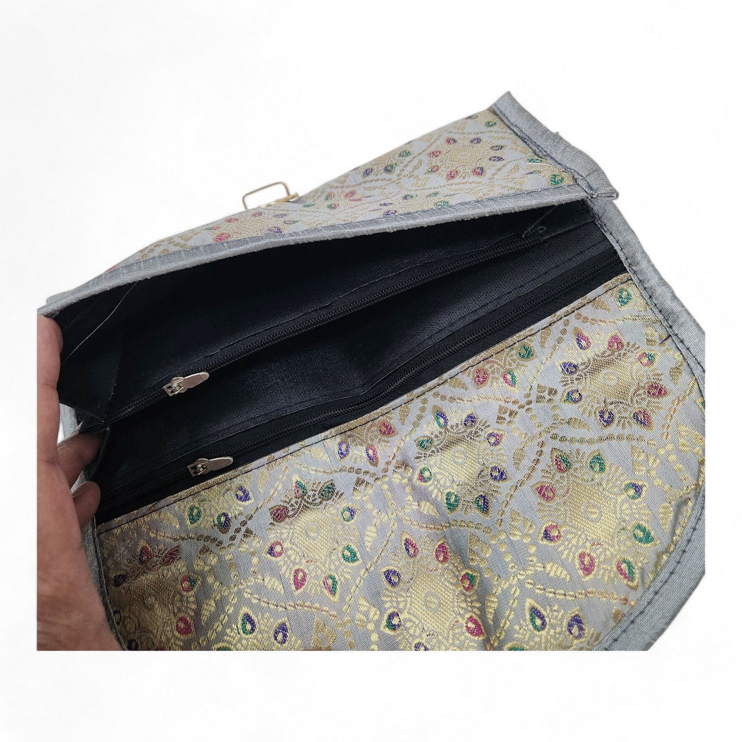 Gray Clutch Women's Purse Woven Zari Brocade Banarasi Fabric 5 Pocket Hand Bag