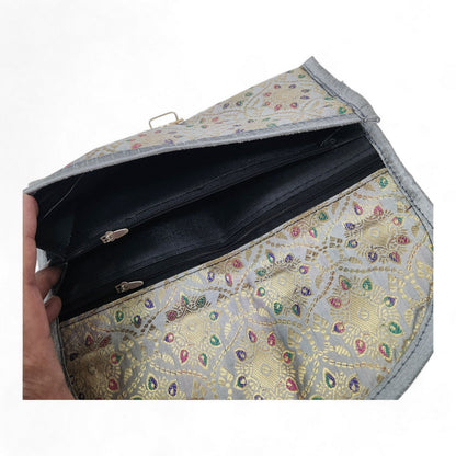 Gray Clutch Women's Purse Woven Zari Brocade Banarasi Fabric 5 Pocket Hand Bag