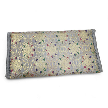 Gray Clutch Women's Purse Woven Zari Brocade Banarasi Fabric 5 Pocket Hand Bag