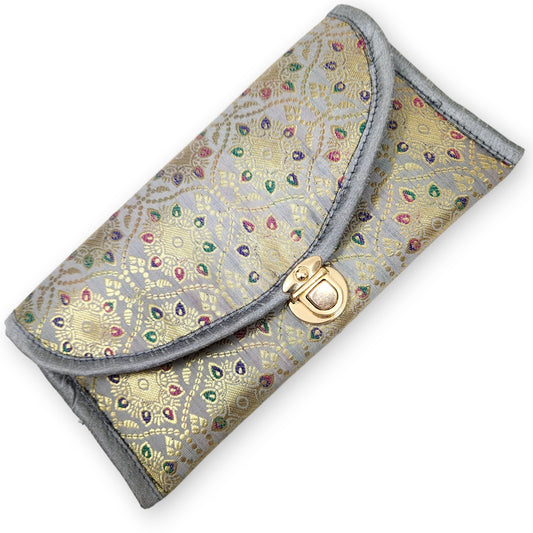Gray Clutch Women's Purse Woven Zari Brocade Banarasi Fabric 5 Pocket Hand Bag