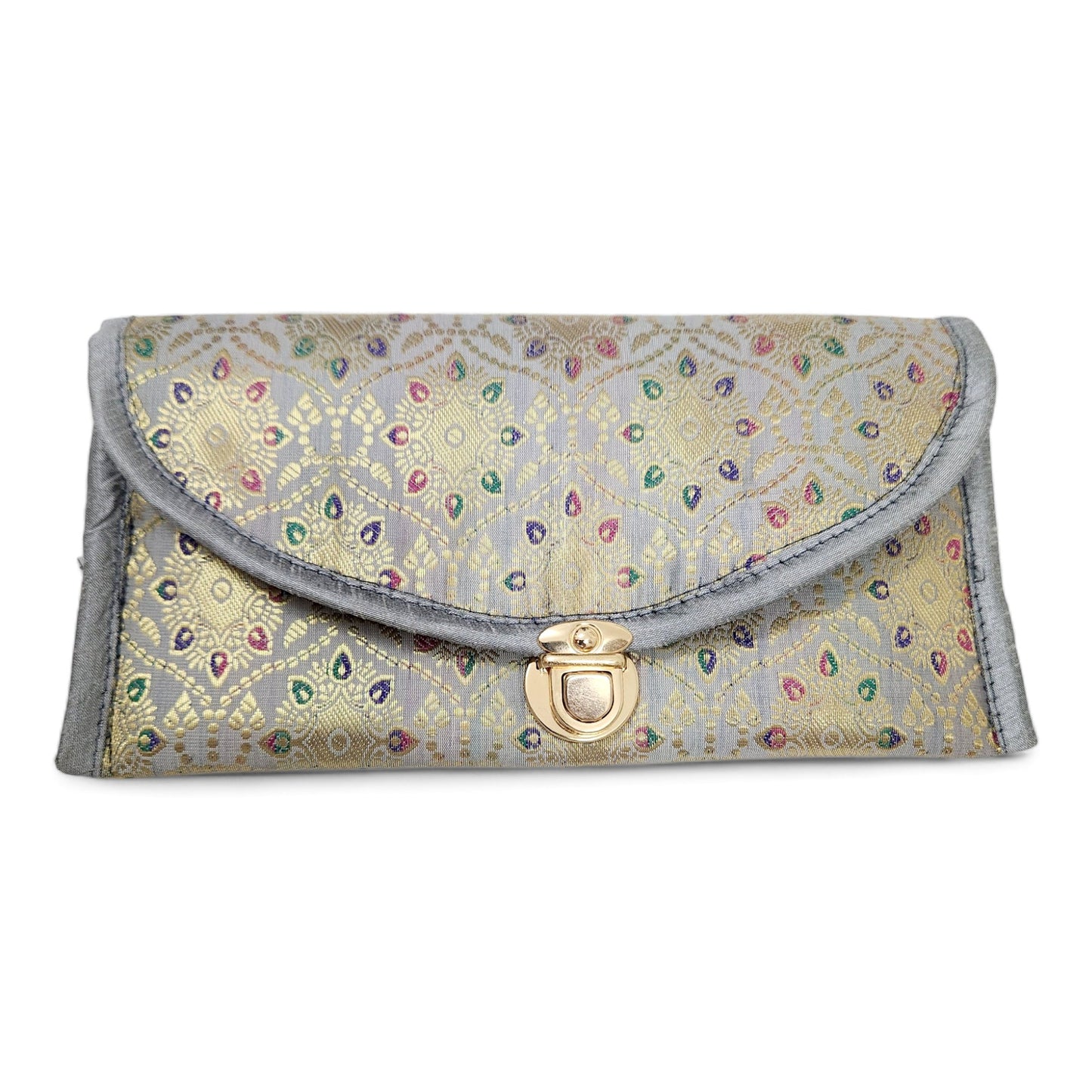 Gray Clutch Women's Purse Woven Zari Brocade Banarasi Fabric 5 Pocket Hand Bag