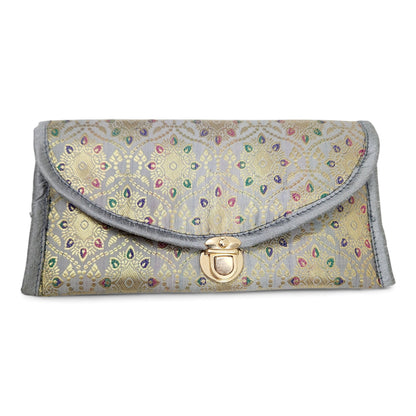 Gray Clutch Women's Purse Woven Zari Brocade Banarasi Fabric 5 Pocket Hand Bag