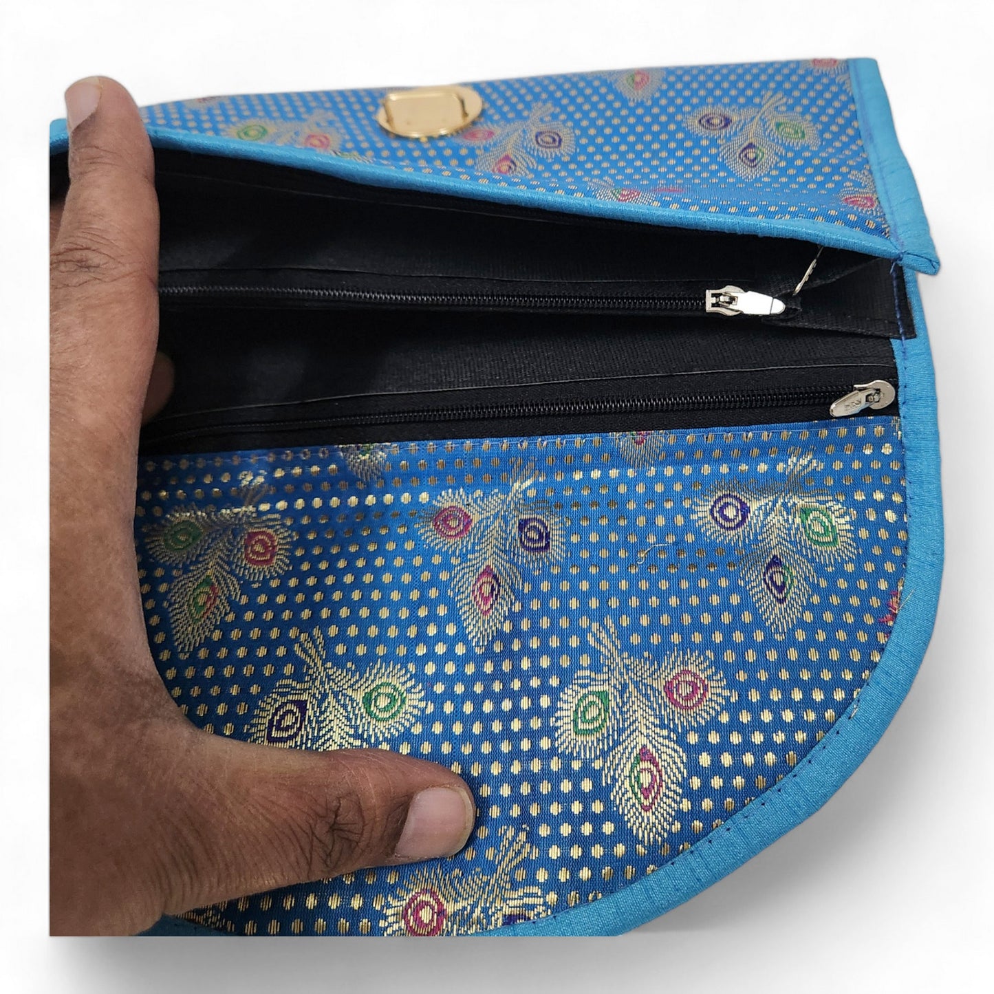 Turquoise Blue Clutch Women's Purse Woven Zari Brocade Banarasi Fabric Hand Bag