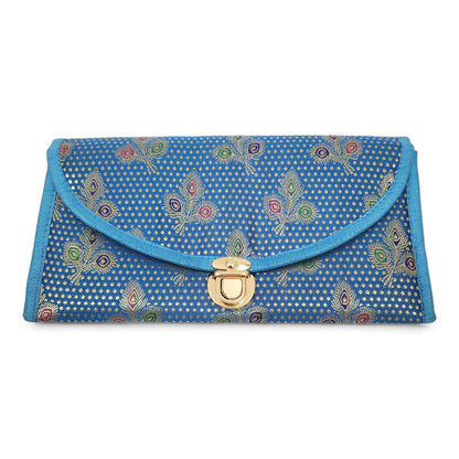 Turquoise Blue Clutch Women's Purse Woven Zari Brocade Banarasi Fabric Hand Bag