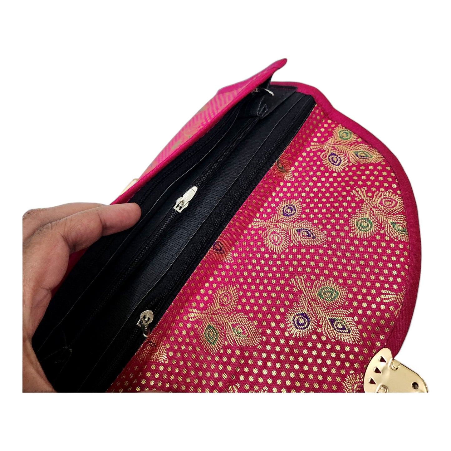 Pink Clutch Women's Purse Woven Zari Brocade Banarasi Fabric 5 Pocket Hand Bag