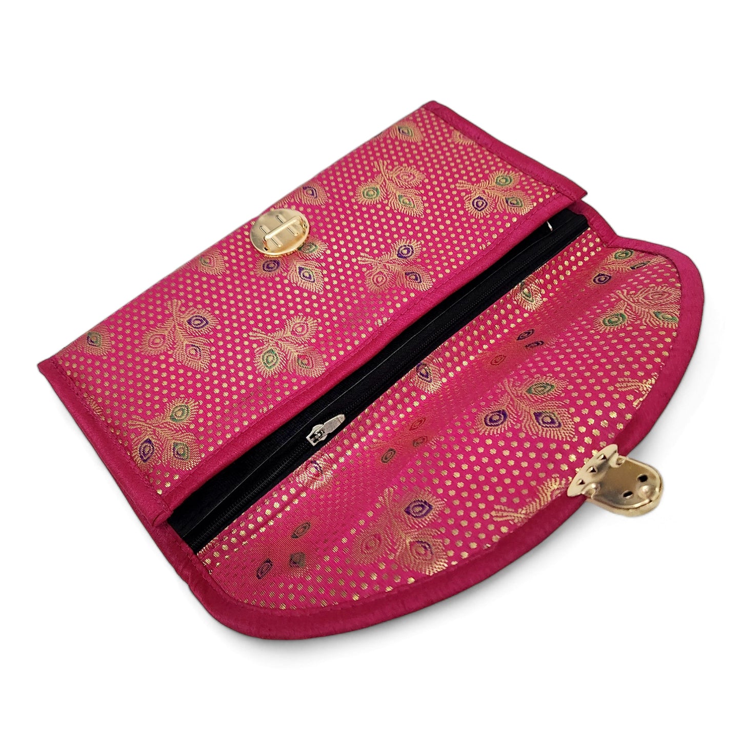 Pink Clutch Women's Purse Woven Zari Brocade Banarasi Fabric 5 Pocket Hand Bag