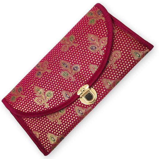 Pink Clutch Women's Purse Woven Zari Brocade Banarasi Fabric 5 Pocket Hand Bag