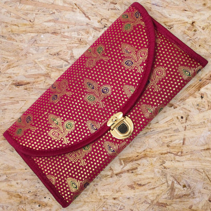 Pink Clutch Women's Purse Woven Zari Brocade Banarasi Fabric 5 Pocket Hand Bag