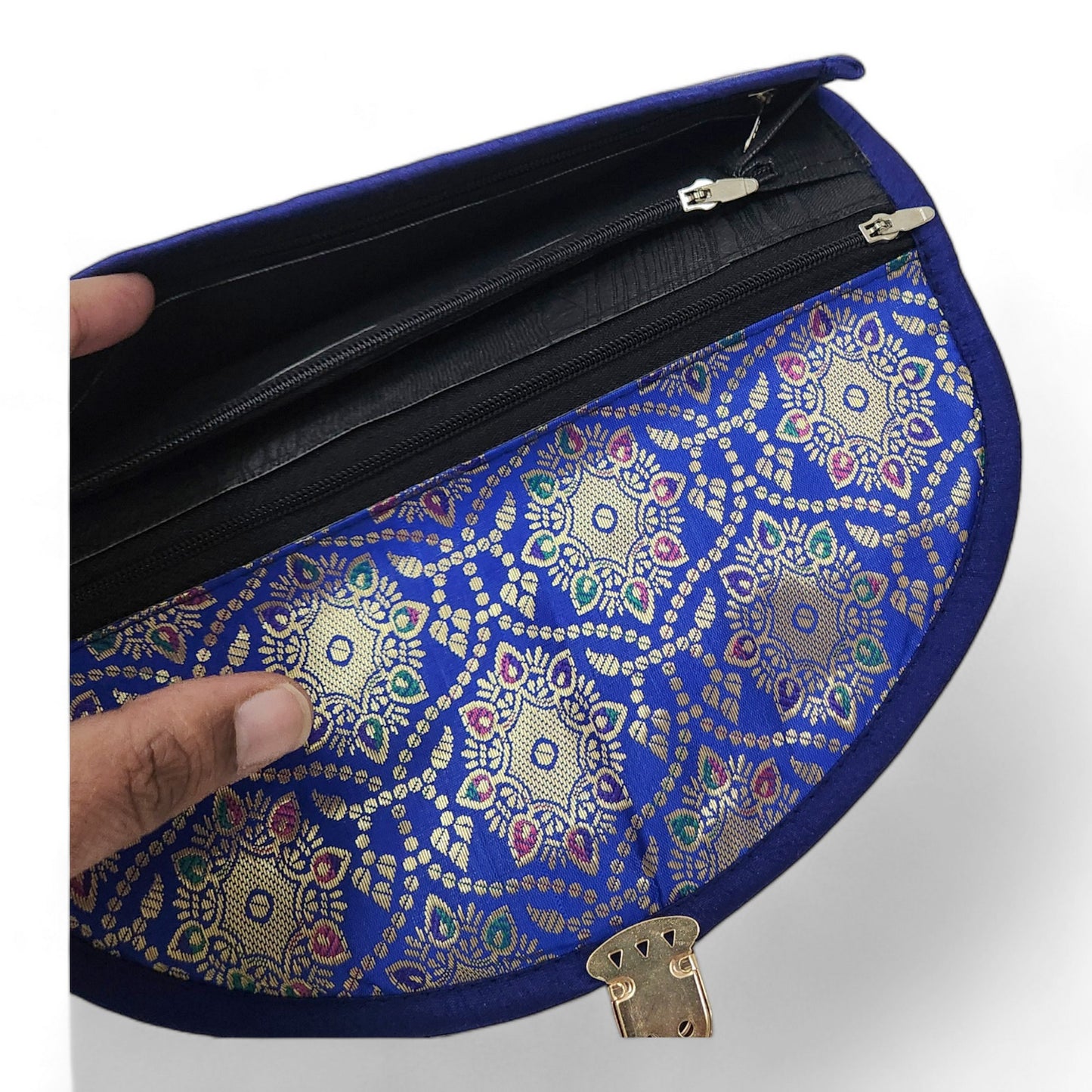 Blue Clutch Women's Purse Woven Zari Brocade Banarasi Fabric 5 Pocket Hand Bags