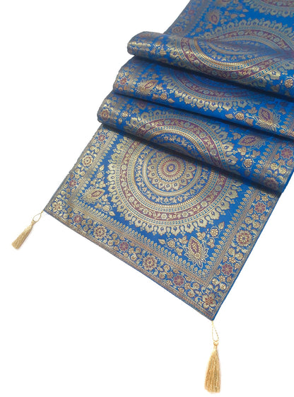 Turquoise Table Runner 72x16" Banarasi Silk Brocade Mandala Dining Decor Cloth