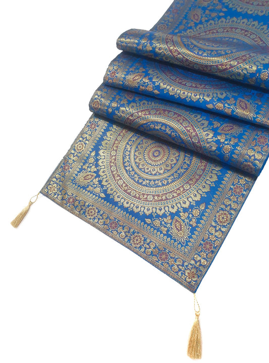 Turquoise Table Runner 72x16" Banarasi Silk Brocade Mandala Dining Decor Cloth