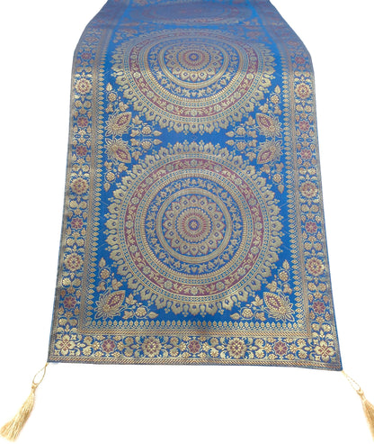 Turquoise Table Runner 72x16" Banarasi Silk Brocade Mandala Dining Decor Cloth