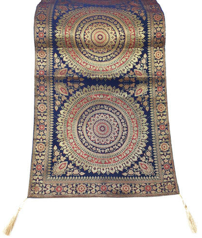 Dark Blue Table Runner 72x16" Banarasi Silk Brocade Mandala Dining Decor Cloth