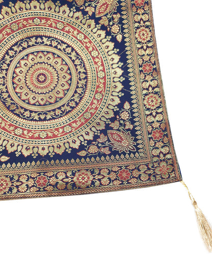 Dark Blue Table Runner 72x16" Banarasi Silk Brocade Mandala Dining Decor Cloth