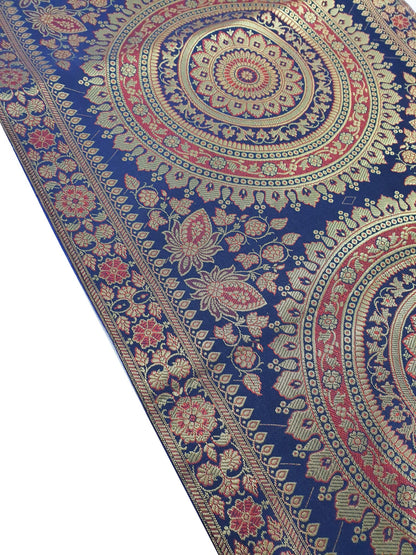 Dark Blue Table Runner 72x16" Banarasi Silk Brocade Mandala Dining Decor Cloth