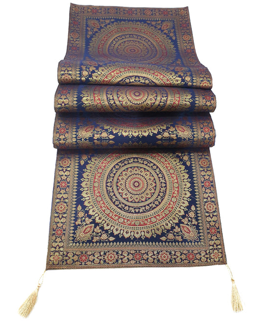 Dark Blue Table Runner 72x16" Banarasi Silk Brocade Mandala Dining Decor Cloth