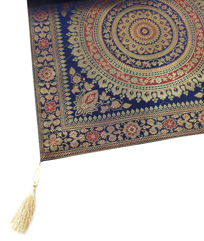 Dark Blue Table Runner 72x16" Banarasi Silk Brocade Mandala Dining Decor Cloth