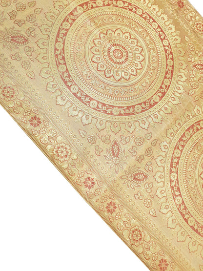Beige Table Runner 72x16" Banarasi Silk Brocade Mandala Dining Decor Cloth Gift