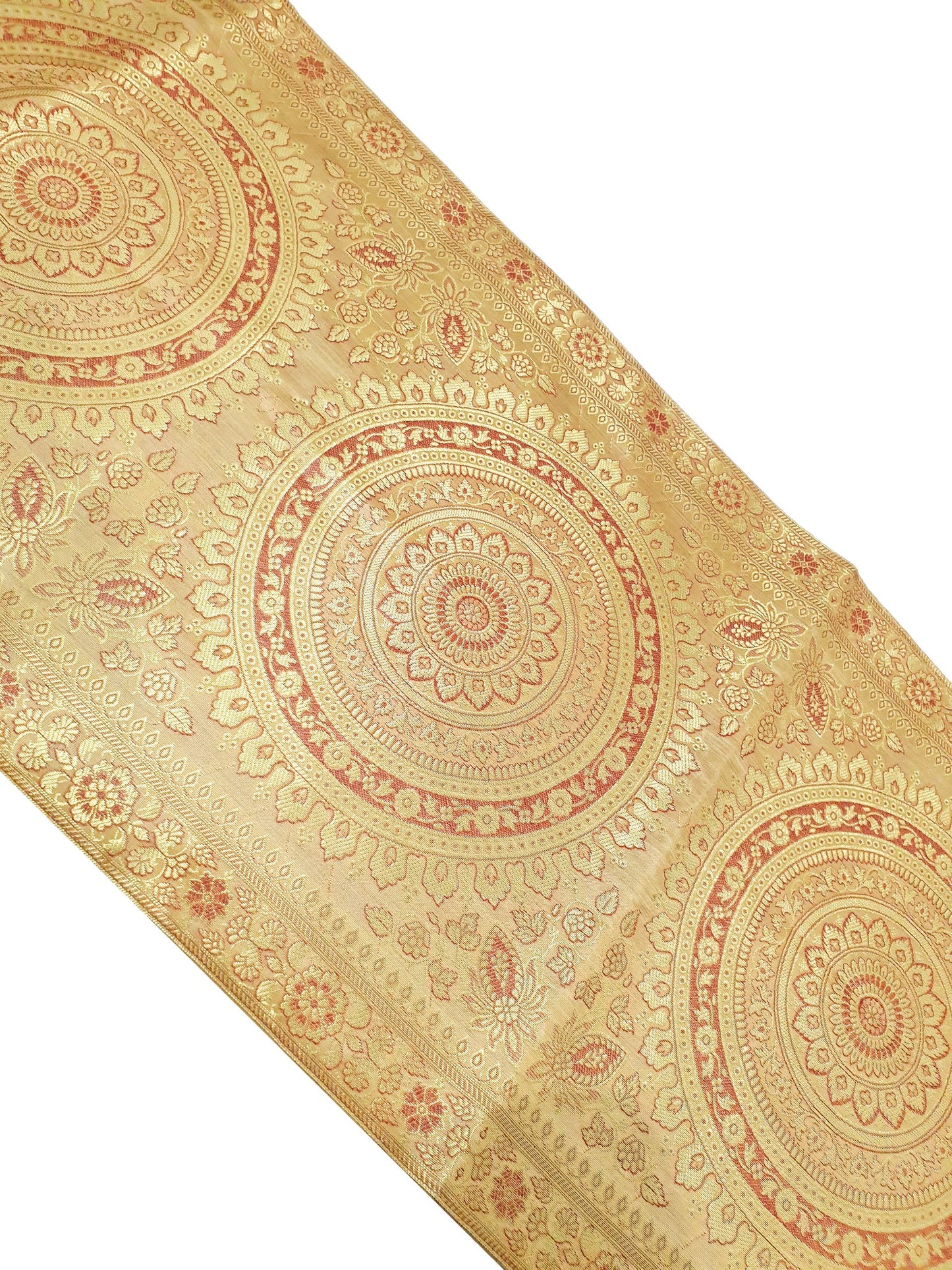 Beige Table Runner 72x16" Banarasi Silk Brocade Mandala Dining Decor Cloth Gift