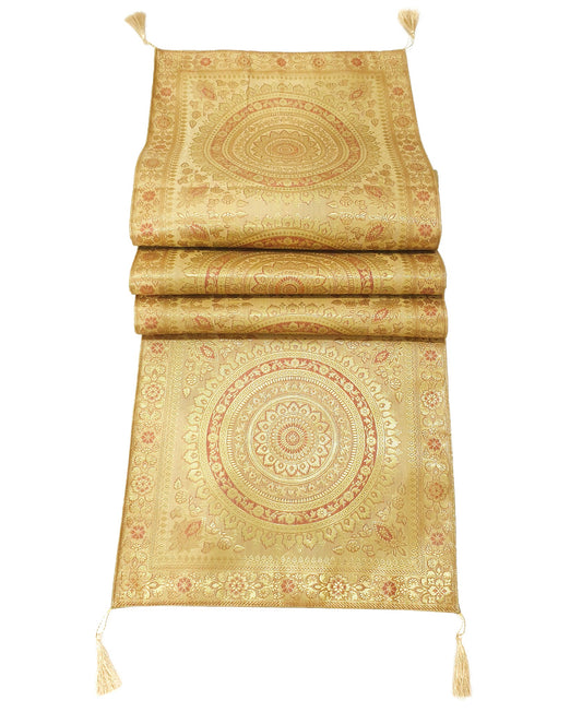Beige Table Runner 72x16" Banarasi Silk Brocade Mandala Dining Decor Cloth Gift
